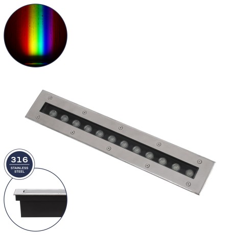 GLOBOSTAR® UNDERGROUND-REMVI  Χωνευτή Μπάρα Φωτισμού Wall Washer LED 12W 1020lm 10° DC 24V Αδιάβροχο IP68 RGBW Dimmable DMX512 - Ανοξείδωτο Ατσάλι 304 - Μ50 x Π9 x Υ7.2cm / Q48.5 x 7.5cm