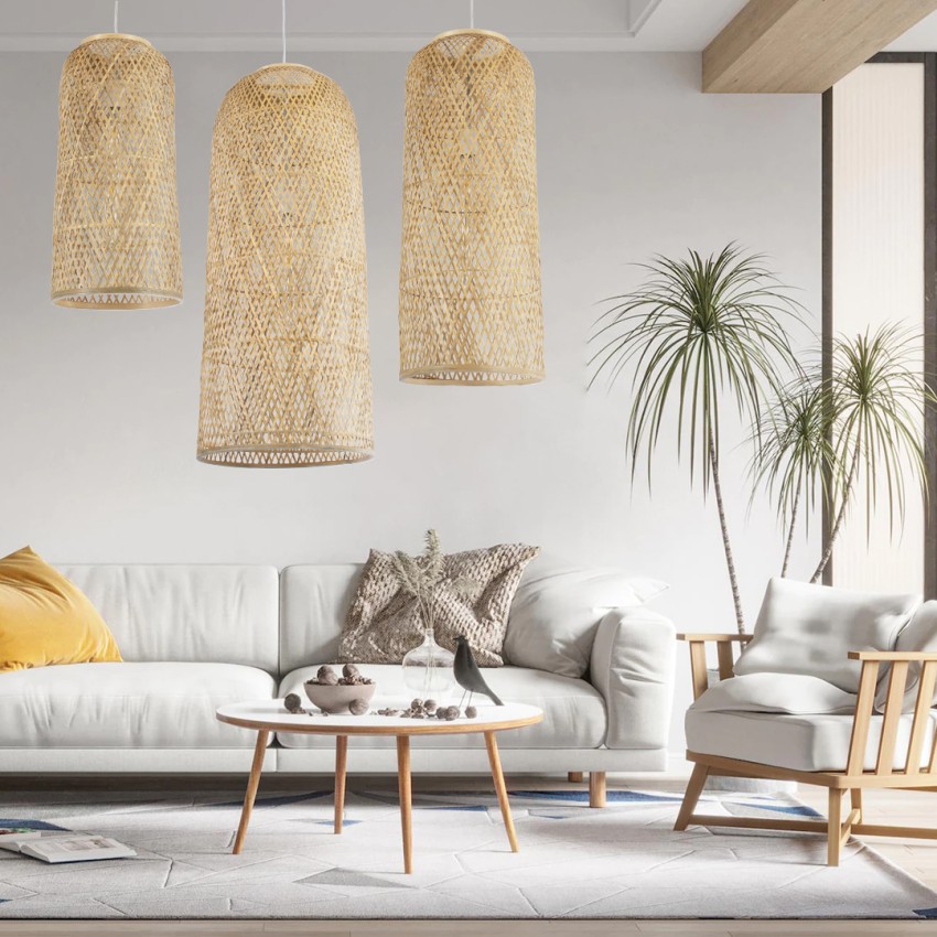 CALERO  Boho Μοντέρνο Κρεμαστό Πλέγμα Μονόφωτο 1 x E27 IP20 Μπεζ Ξύλο - Μ25 x Π25 x Υ50cm