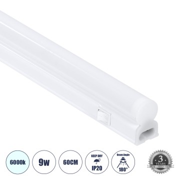 GLOBOSTAR® TUBO  Γραμμικό Επεκτεινόμενο Φωτιστικό T5 60cm LED 9W 900lm 180° AC 220-240V IP20 Ψυχρό Λευκό 6000K - Lumileds SMD Chip - Λευκό Γαλακτερό - Μ60 x Π2.2 x Υ3.5cm - 3 Χρόνια Εγγύση