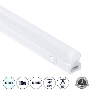 TUBO  Γραμμικό Φωτιστικό Οροφής Linear LED Τύπου T5 Επεκτεινόμενο 18W 1800lm 180° AC 220-240V IP20 Πάγκου Κουζίνας με Διακόπτη On/Off Μ120 x Π2.2 x Υ3.5cm Ψυχρό Λευκό 6000K - Λευκό