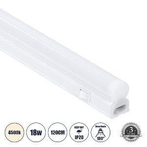 TUBO  Γραμμικό Φωτιστικό Οροφής Linear LED Τύπου T5 Επεκτεινόμενο 18W 1764lm 180° AC 220-240V IP20 Πάγκου Κουζίνας με Διακόπτη On/Off Μ120 x Π2.2 x Υ3.5cm Φυσικό Λευκό 4500K - Λευκό