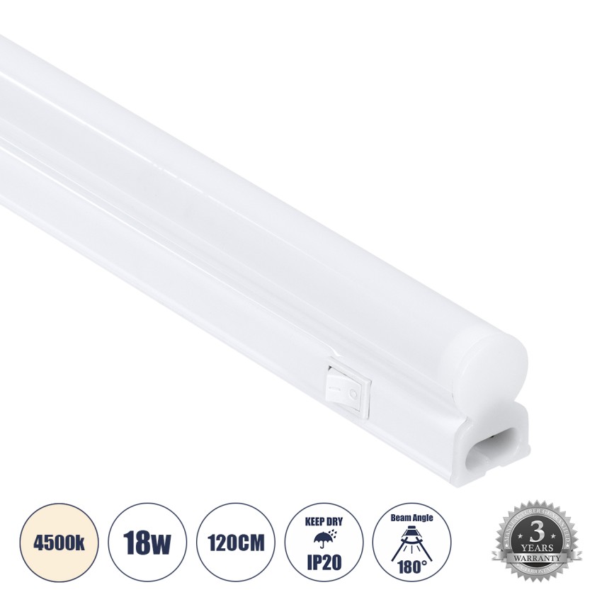 TUBO  Γραμμικό Φωτιστικό Οροφής Linear LED Τύπου T5 Επεκτεινόμενο 18W 1764lm 180° AC 220-240V IP20 Πάγκου Κουζίνας με Διακόπτη On/Off Μ120 x Π2.2 x Υ3.5cm Φυσικό Λευκό 4500K - Λευκό