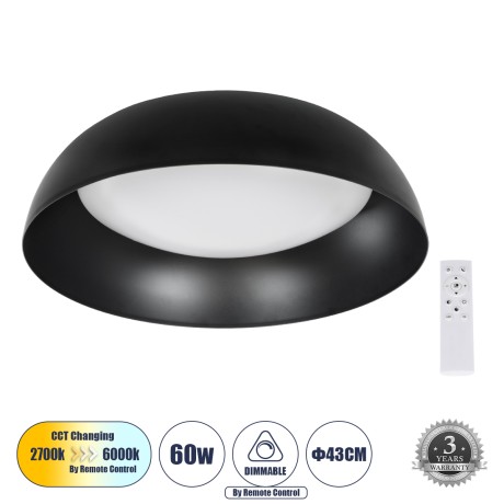 ANATOLIA  Πλαφονιέρα Οροφής LED CCT 60W 6900lm 120° AC 220-240V - Εναλλαγή Φωτισμού μέσω Τηλεχειριστηρίου All In One Ψυχρό 6000k+Φυσικό 4500k+Θερμό 2700k Dimmable Φ43cm - Μαύρο