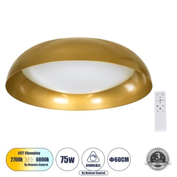 ANATOLIA  Πλαφονιέρα Οροφής LED CCT 75W 8625lm 120° AC 220-240V - Εναλλαγή Φωτισμού μέσω Τηλεχειριστηρίου All In One Ψυχρό 6000k+Φυσικό 4500k+Θερμό 2700k Dimmable Φ60cm - Χρυσό