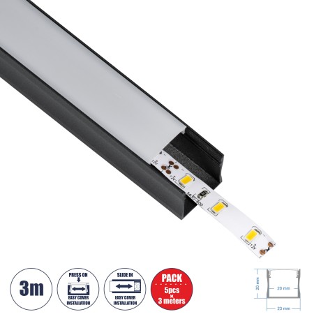 GLOBOSTAR® ALP-LINEAR LIGHTLINE  Επιφανειακό Προφίλ Αλουμινίου με Λευκό Γαλακτερό Πατητό Κάλυμμα για Ταινίες LED IP20 - Μαύρο & Λευκό - Μ300 x Π2.3 x Υ2cm - Πακέτο 5 Τεμαχίων