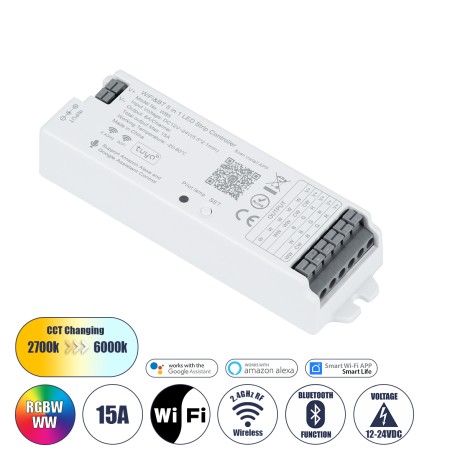 GLOBOSTAR® TUYA-WB5  DC WiFi & Bluetooth Master Dimmer / Controller Υψηλής Ταχύτητας με 5 x 6A 72W Κανάλια DC 12-24V 15A 360W Max IP20 - WiFi & Bluetooth - Μ12.2 x Π3.8 x Υ2.2cm