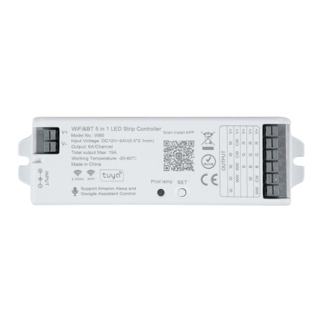 GLOBOSTAR® TUYA-WB5  DC WiFi & Bluetooth Master Dimmer / Controller Υψηλής Ταχύτητας με 5 x 6A 72W Κανάλια DC 12-24V 15A 360W Max IP20 - WiFi & Bluetooth - Μ12.2 x Π3.8 x Υ2.2cm