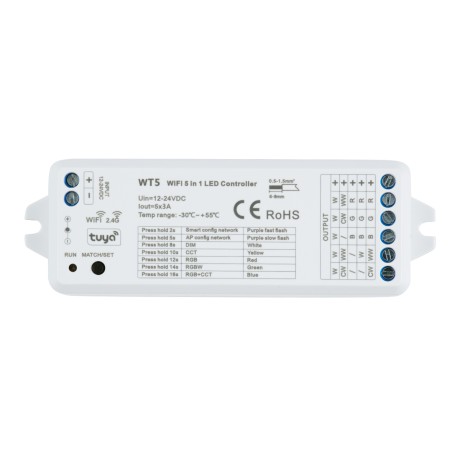 WT5 SKYDANCE DC WiFi & RF 2.4Ghz Dimmer High Speed Controller 5 Καναλιών DC 12-24V 5 x 3A 72W - Max 15A 360W - IP20 Μ10 x Π4 x Υ2cm