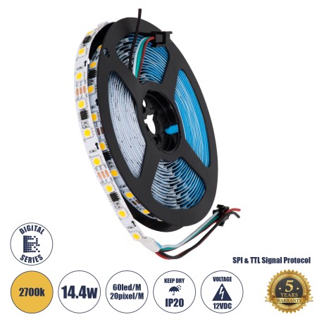 Ψηφιακή Ταινία LED SMD 5050 SPI/TTL 14.4W/m 60LED/m 2700K DC12V IP20 5m Θερμό Λευκό