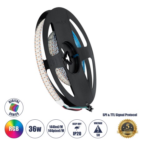 Digital Pixel Addressable Strip 3 PIN - Ψηφιακή Ταινία LED SMD 5050 36W/m 144LED/m 144PIXEL/m SPI/TTL Protocol IC WS2812/SK6812 2880lm/m 120° DC 5V IP20 RGB - Λευκό Σώμα - Μ2000 x Π12 x Υ2mm - Συσκευασία 2 Μέτρων