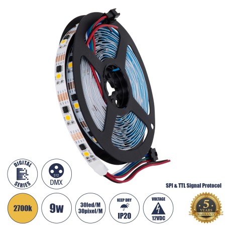 Digital Pixel Addressable Strip 4 PIN - Ψηφιακή Ταινία LED SMD 5050 9W/m 30LED/m 30PIXEL/m SPI/TTL Protocol IC TM1908 810lm/m 120° DC 12V IP20 Θερμό Λευκό 2700K - Λευκό Σώμα - Μ5000 x Π10 x Υ2mm - Συσκευασία 5 Μέτρων
