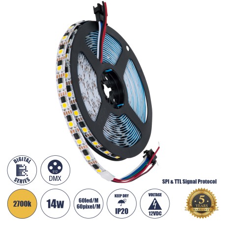 Digital Pixel Addressable Strip 4 PIN - Ψηφιακή Ταινία LED SMD 5050 14W/m 60LED/m 60PIXEL/m SPI/TTL Protocol IC TM1908 1296lm/m 120° DC 12V IP20 Θερμό Λευκό 2700K - Λευκό Σώμα - Μ5000 x Π10 x Υ2mm - Συσκευασία 5 Μέτρων