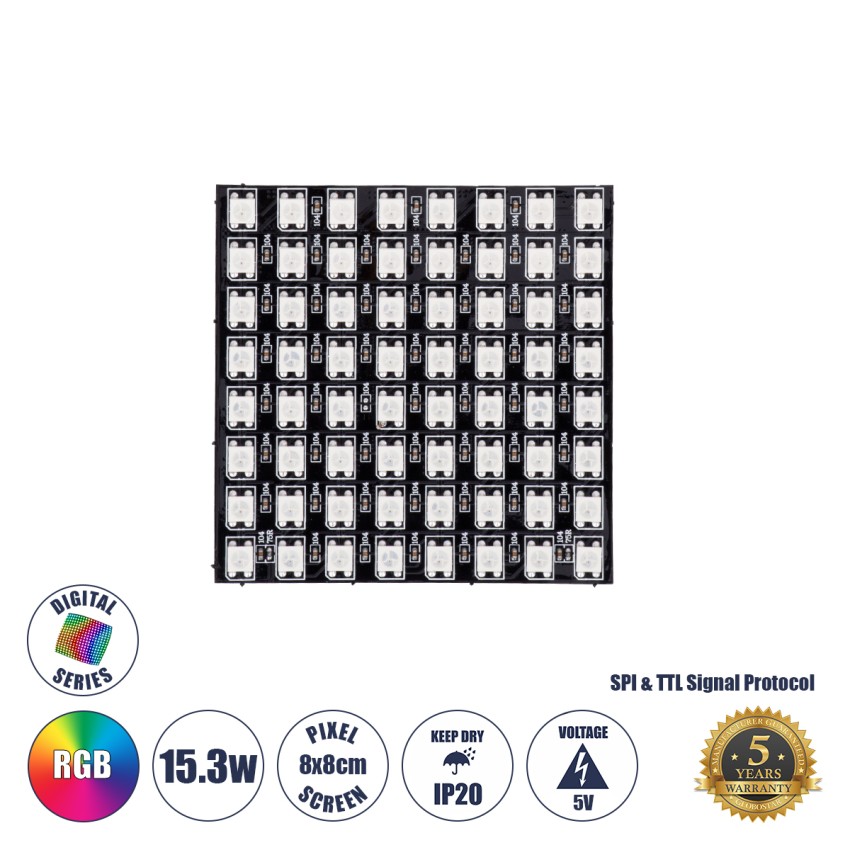 Digital Pixel Addressable Plate - Ψηφιακή Πλακέτα LED SMD 5050 15.3W/m 64LED/unit 64PIXEL/unit SPI/TTL Protocol IC WS2812/SK6812 1224lm/unit 120° DC 5V IP20 RGB - Μαύρο Σώμα - Μ80 x Π80 x Υ2mm