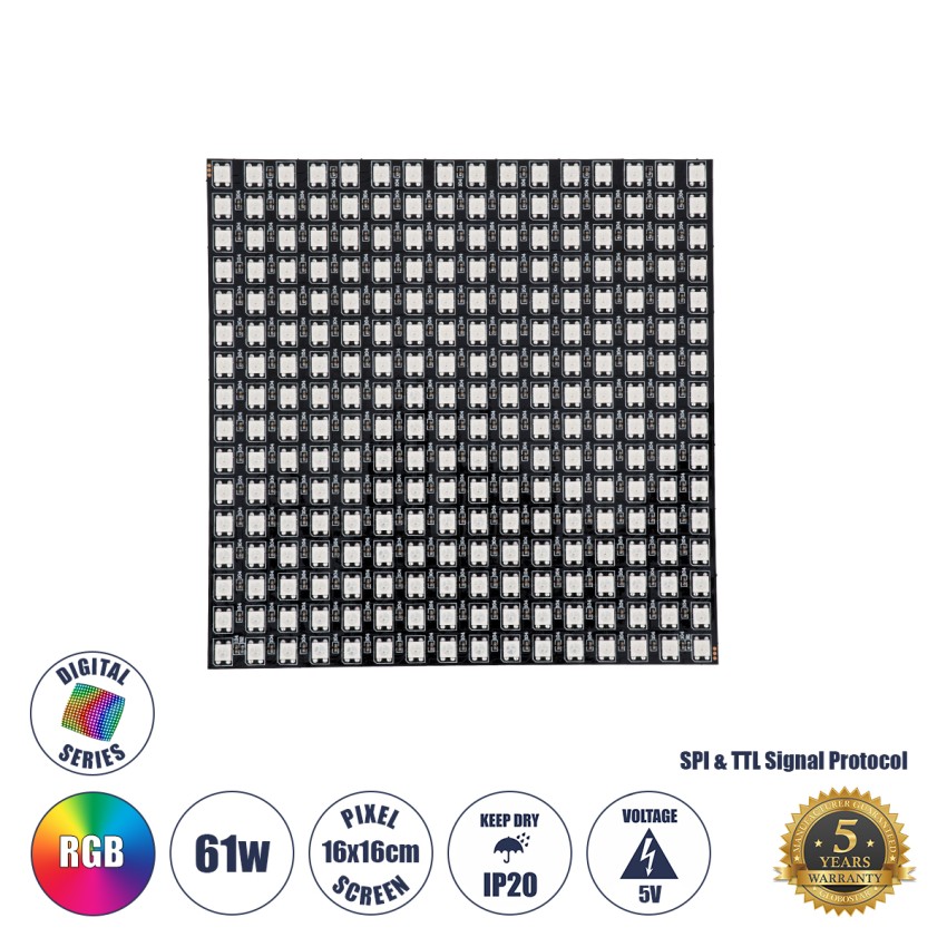 Digital Pixel Addressable Plate - Ψηφιακή Πλακέτα LED SMD 5050 61W/m 256LED/unit 256PIXEL/unit SPI/TTL Protocol IC WS2812/SK6812 4880lm/unit 120° DC 5V IP20 RGB - Μαύρο Σώμα - Μ160 x Π160 x Υ2mm