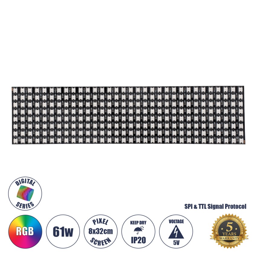 Digital Pixel Addressable Plate - Ψηφιακή Πλακέτα LED SMD 5050 61W/m 256LED/unit 256PIXEL/unit SPI/TTL Protocol IC WS2812/SK6812 4880lm/unit 120° DC 5V IP20 RGB - Μαύρο Σώμα - Μ320 x Π80 x Υ2mm