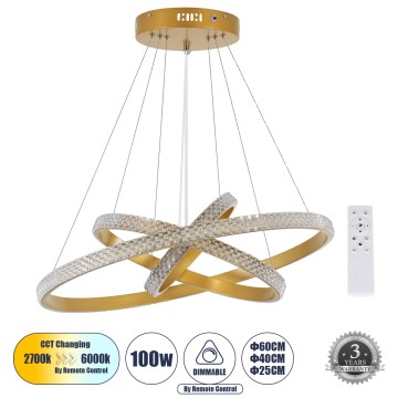 GLOBOSTAR® DIAMOND TRIO  Μοντέρνο Κρεμαστό Φωτιστικό Οροφής LED 100W 12123lm 360° AC 220-240V IP20 Ρυθμιζόμενο Λευκό CCT με Χειριστήριο από 2700K έως 6000K Dimmable - Lumileds SMD Chip - Χρυσό Βούρτσας - Μ25 x Π40 x Υ60cm