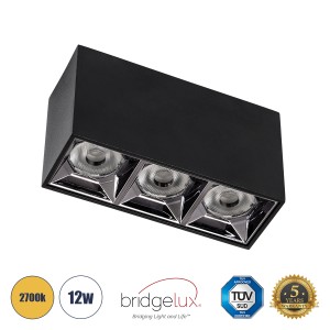 LUMINAR SUPERIOR  Επιφανειακό LED Spot Downlight TrimLess 12W 1620lm 36° AC 220-240V IP20 Μ11.8 x Π4.2 x Υ6.6cm - Μαύρο με Κάτοπτρο Χρωμίου - Θερμό Λευκό 2700K - Bridgelux High Lumen Chip Gen2 - TÜV Certified Driver