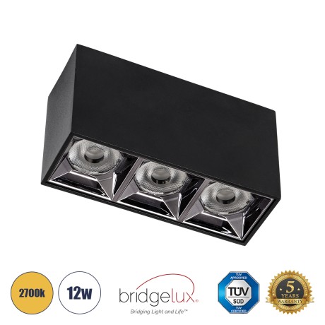 LUMINAR SUPERIOR  Επιφανειακό LED Spot Downlight TrimLess 12W 1620lm 36° AC 220-240V IP20 Μ11.8 x Π4.2 x Υ6.6cm - Μαύρο με Κάτοπτρο Χρωμίου - Θερμό Λευκό 2700K - Bridgelux High Lumen Chip Gen2 - TÜV Certified Driver