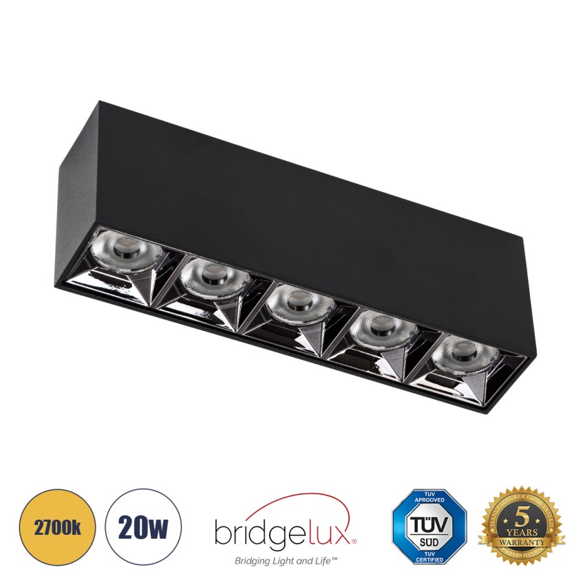 LUMINAR SUPERIOR  Επιφανειακό LED Spot Downlight TrimLess 20W 2700lm 36° AC 220-240V IP20 Μ19.5 x Π4.2 x Υ6.6cm - Μαύρο με Κάτοπτρο Χρωμίου - Θερμό Λευκό 2700K - Bridgelux High Lumen Chip Gen2 - TÜV Certified Driver