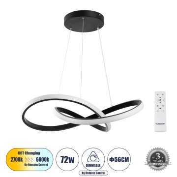 DEXTER  Κρεμαστό Φωτιστικό Οροφής Design LED CCT 72W 8064lm 300° AC 220-240V - Εναλλαγή Φωτισμού μέσω Τηλεχειριστηρίου All In One Ψυχρό 6000k+Φυσικό 4500k+Θερμό 2700k Dimmable Φ56cm - Μαύρο