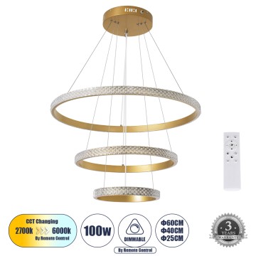 GLOBOSTAR® DIAMOND TRIO  Μοντέρνο Κρεμαστό Φωτιστικό Οροφής LED 100W 12123lm 360° AC 220-240V IP20 Ρυθμιζόμενο Λευκό CCT με Χειριστήριο από 2700K έως 6000K Dimmable - Lumileds SMD Chip - Χρυσό Βούρτσας - Μ60 x Π60 x Υ60cm