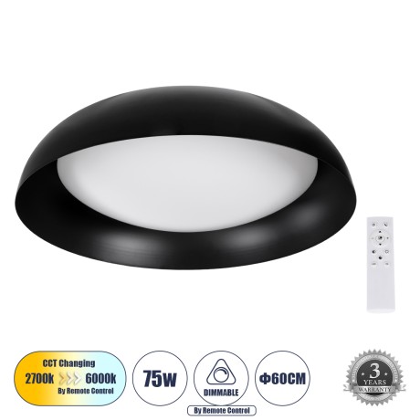 ANATOLIA  Πλαφονιέρα Οροφής LED CCT 75W 8625lm 120° AC 220-240V - Εναλλαγή Φωτισμού μέσω Τηλεχειριστηρίου All In One Ψυχρό 6000k+Φυσικό 4500k+Θερμό 2700k Dimmable Φ60cm - Μαύρο