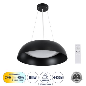 ANATOLIA  Κρεμαστή Πλαφονιέρα Οροφής LED CCT 60W 6900lm 120° AC 220-240V - Εναλλαγή Φωτισμού μέσω Τηλεχειριστηρίου All In One Ψυχρό 6000k+Φυσικό 4500k+Θερμό 2700k Dimmable Φ43cm - Μαύρο