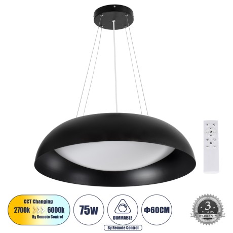 ANATOLIA  Κρεμαστή Πλαφονιέρα Οροφής LED CCT 75W 8625lm 120° AC 220-240V - Εναλλαγή Φωτισμού μέσω Τηλεχειριστηρίου All In One Ψυχρό 6000k+Φυσικό 4500k+Θερμό 2700k Dimmable Φ60cm - Μαύρο