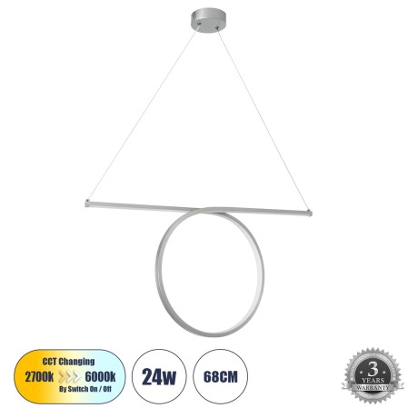GLOBOSTAR® ROME  Μοντέρνο Κρεμαστό Φωτιστικό Οροφής LED 24W 2640lm 200° AC 220-240V IP20 Ρυθμιζόμενο Λευκό CCT με On/Off 2700K/4500K/6000K - Lumileds SMD Chip - Νίκελ Βούρτσας - Μ65.5 x Π4 x Υ33cm
