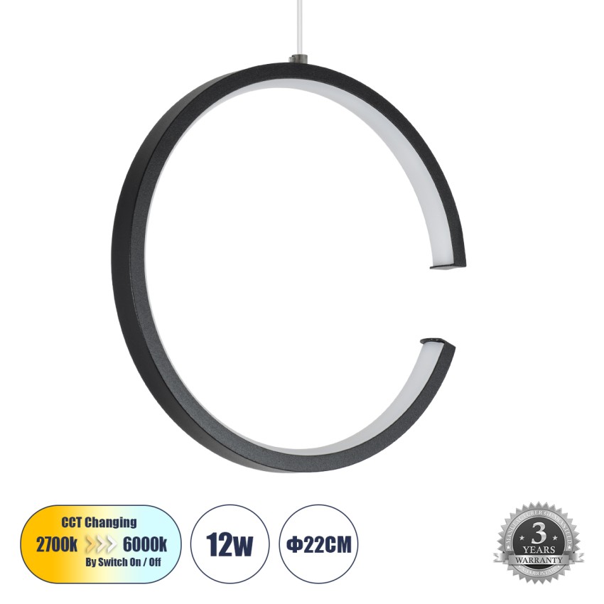 CEROBA  Κρεμαστό Φωτιστικό Οροφής Linear Design LED CCT 12W 1320lm 360° AC 220-240V - Εναλλαγή Φωτισμού μέσω Διακόπτη On/Off All In One Ψυχρό 6000k+Φυσικό 4500k+Θερμό 2700k Φ22 x Π2cm - Μαύρο