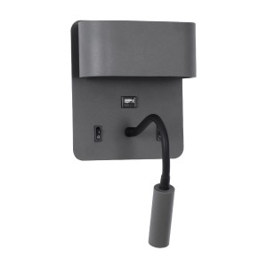 GLOBOSTAR® IBIS  Μοντέρνο Φωτιστικό Τοίχου - Απλίκα Ξενοδοχείου Reading Light με Φορτιστή USB 3A LED 10W 1100lm 36° & 360° AC 220-240V IP20 Φυσικό Λευκό 4500K - Bridgelux COB Chip & TÜV SÜD Driver - Γκρι Ανθρακί Ματ - Μ10 x Π6.1 x Υ18cm