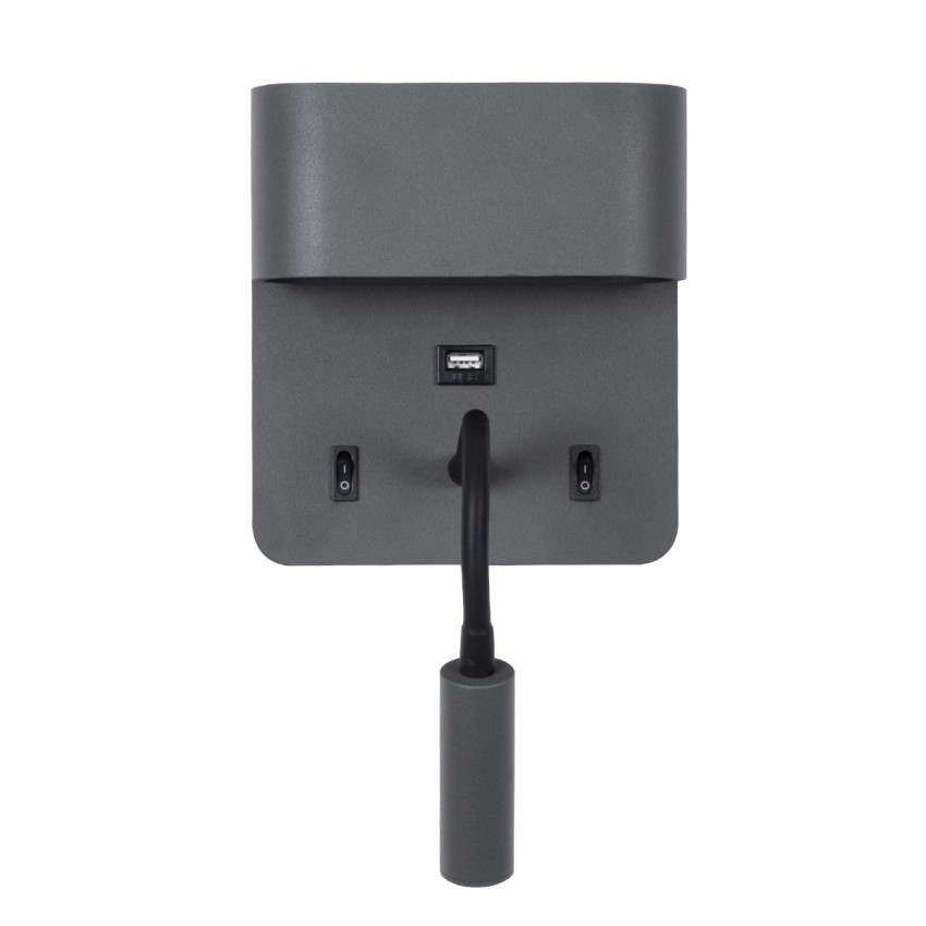 GLOBOSTAR® IBIS  Μοντέρνο Φωτιστικό Τοίχου - Απλίκα Ξενοδοχείου Reading Light με Φορτιστή USB 3A LED 10W 1100lm 36° & 360° AC 220-240V IP20 Φυσικό Λευκό 4500K - Bridgelux COB Chip & TÜV SÜD Driver - Γκρι Ανθρακί Ματ - Μ10 x Π6.1 x Υ18cm