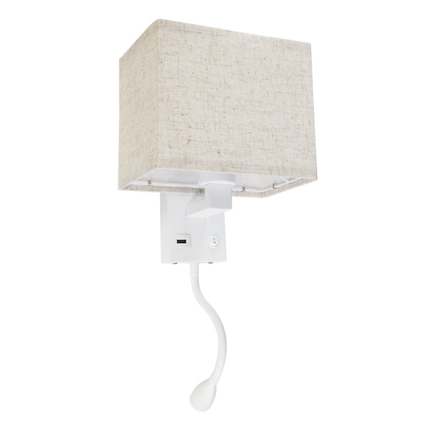 ROULETTE-S  Μοντέρνο Φωτιστικό Τοίχου - Απλίκα Ξενοδοχείου Bed Side LED 3W 360lm & 1 x E27 36° & 360° AC 220-240V - Reading Up/Down Light - Φορτιστής USB 3A - Μ17 x Π20 x Υ37cm - Φυσικό Λευκό 4500K - Λευκό με Μπεζ Καπέλο - Σετ 2 Τεμαχίων