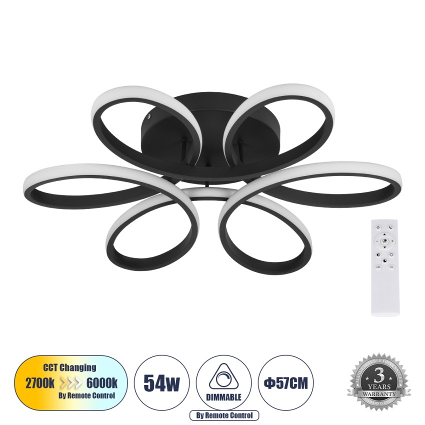 GLOBOSTAR® MARGARET  Μοντέρνο Κρεμαστό Φωτιστικό Οροφής LED 54W 6210lm 360° AC 220-240V IP20 Ρυθμιζόμενο Λευκό CCT με Χειριστήριο από 2700K έως 6000K Dimmable - Lumileds SMD Chip - Μαύρο Ματ - Μ57 x Π57 x Υ12cm