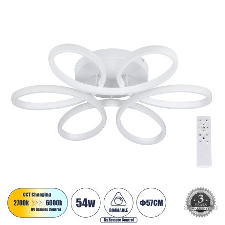 GLOBOSTAR® MARGARET  Μοντέρνο Φωτιστικό Οροφής LED 54W 6210lm 360° AC 220-240V IP20 Ρυθμιζόμενο Λευκό CCT με Χειριστήριο από 2700K έως 6000K Dimmable - Lumileds SMD Chip - Λευκό Ματ - Μ57 x Π57 x Υ12cm