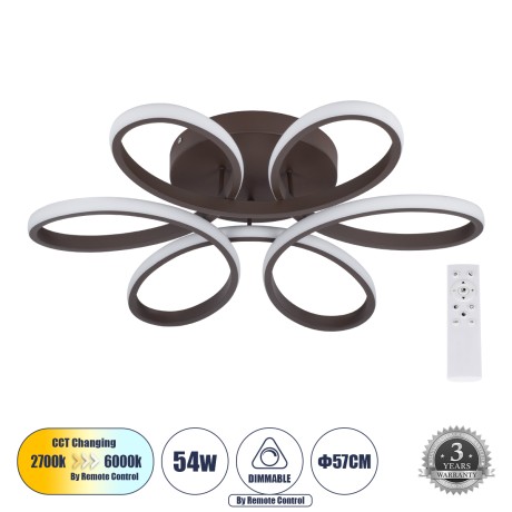 GLOBOSTAR® MARGARET  Μοντέρνο Κρεμαστό Φωτιστικό Οροφής LED 54W 6210lm 360° AC 220-240V IP20 Ρυθμιζόμενο Λευκό CCT με Χειριστήριο από 2700K έως 6000K Dimmable - Lumileds SMD Chip - Καφέ Ματ - Μ57 x Π57 x Υ12cm