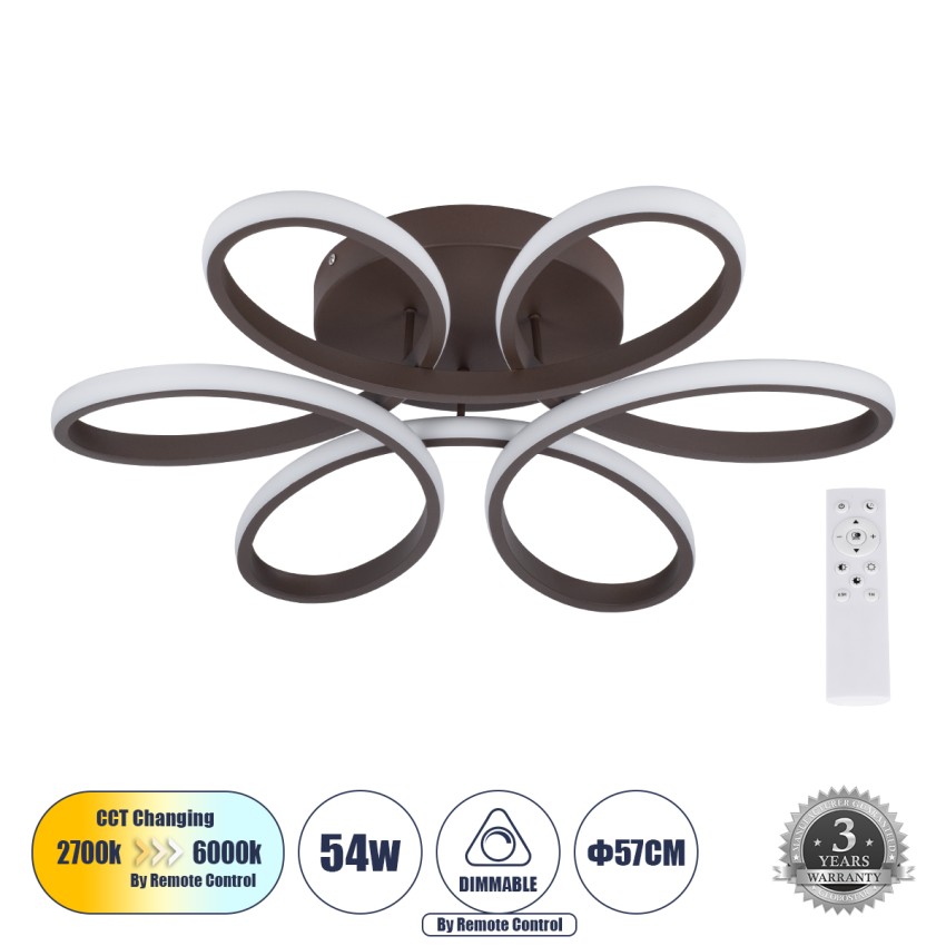 GLOBOSTAR® MARGARET  Μοντέρνο Κρεμαστό Φωτιστικό Οροφής LED 54W 6210lm 360° AC 220-240V IP20 Ρυθμιζόμενο Λευκό CCT με Χειριστήριο από 2700K έως 6000K Dimmable - Lumileds SMD Chip - Καφέ Ματ - Μ57 x Π57 x Υ12cm