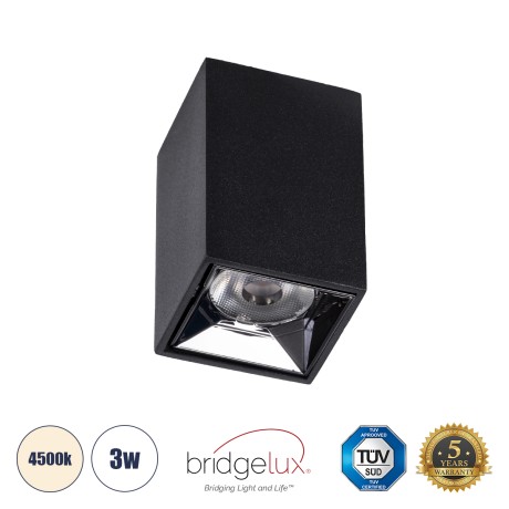 GLOBOSTAR® LUMINAR  Downlight Σποτ LED 3W 420lm 36° AC 220-240V IP20 Φυσικό Λευκό 4500K - Osram SMD Chip & TÜV SÜD Driver - Μαύρο Ματ - Μ4.2 x Π4.2 x Υ6.6cm