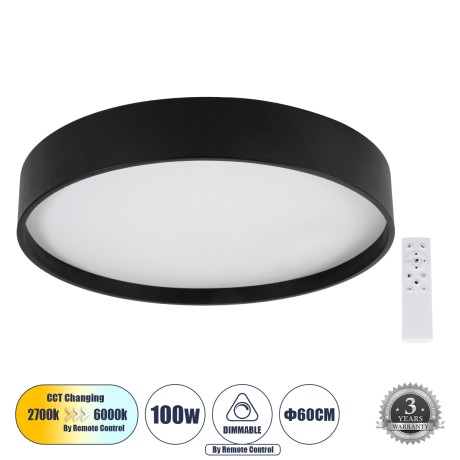 GLOBOSTAR® NARNIA  Μοντέρνο Φωτιστικό Οροφής LED 100W 11500lm 120° AC 220-240V IP20 Ρυθμιζόμενο Λευκό CCT με Χειριστήριο από 2700K έως 6000K Dimmable - Lumileds SMD Chip - Μαύρο Ματ - Μ60 x Π60 x Υ10cm