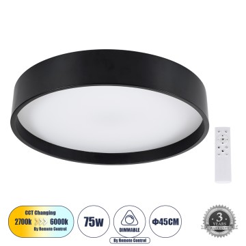 GLOBOSTAR® NARNIA  Μοντέρνο Φωτιστικό Οροφής LED 75W 8625lm 120° AC 220-240V IP20 Ρυθμιζόμενο Λευκό CCT με Χειριστήριο από 2700K έως 6000K Dimmable - Lumileds SMD Chip - Μαύρο Ματ - Μ45 x Π45 x Υ8cm
