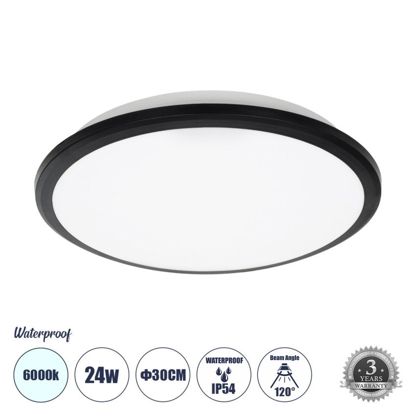 GLOBOSTAR® TUFFIN  Φωτιστικό Πλαφονιέρα Οροφής LED 24W 2760lm 120° AC 220-240V Αδιάβροχο IP54 Ψυχρό Λευκό 6000K - Lumileds SMD Chip - Μαύρο Ματ & Λευκό Γαλακτερό - Μ30 x Π30 x Υ6.5cm