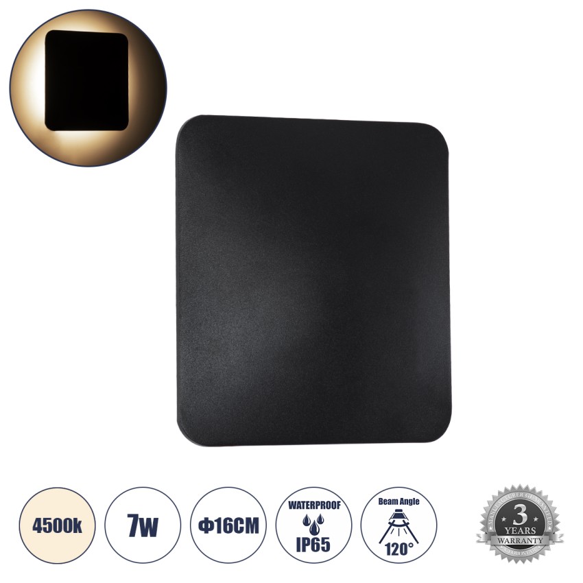 HELIO-S  Φωτιστικό Τοίχου - Απλίκα Αρχιτεκτονικού Φωτισμού Εσωτερικού/Εξωτερικού Χώρου LED 7W 840lm 120° x 360° AC 220-240V Αδιάβροχο IP65 Μ16 x Π5 x Υ16cm - Φυσικό Λευκό 4500K - Μαύρο - Τετράγωνο - Bridgelux Chip