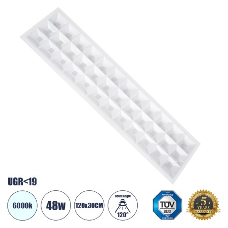 ZEUS  Χωνευτό LED Panel 120x30cm 48W 7440lm 120° CRI≥86Ra UGR<19 Anti-Glare Shield Diffuser AC 220-240V IP44 Μ60 x Π60 x Υ3.3cm - Ψυχρό Λευκό 6000K - Bridgelux High Lumen Chips - TÜV Certified Driver