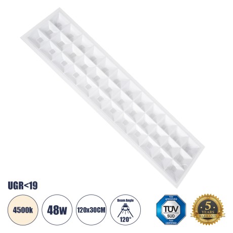 ZEUS  Χωνευτό LED Panel 120x30cm 48W 7200lm 120° CRI≥86Ra UGR<19 Anti-Glare Shield Diffuser AC 220-240V IP44 Μ60 x Π60 x Υ3.3cm - Φυσικό Λευκό 4500K - Bridgelux High Lumen Chips - TÜV Certified Driver