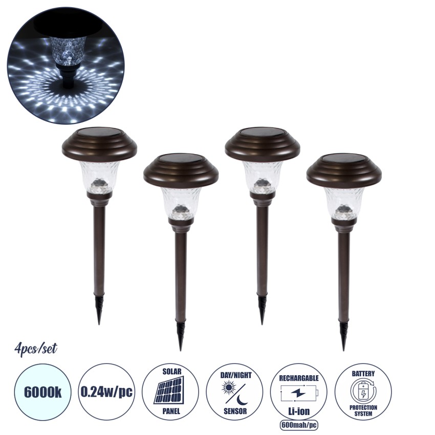 ΣΕΤ 4 Τεμαχίων Αυτόνομα Ηλιακά Φωτιστικά LED SMD 0.24W/Τεμ. 24lm/Τεμ. με Ενσωματωμένη Μπαταρία 600mAh - Φωτοβολταϊκό Πάνελ με Αισθητήρα Ημέρας-Νύχτας Αδιάβροχο IP65 Φανάρι Κήπου Στρογγυλό Ψυχρό Λευκό 6000K Φ12 x Υ23cm