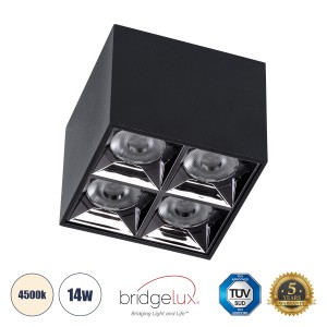 LUMINAR SUPERIOR  Επιφανειακό LED Spot Downlight TrimLess 14W 1960lm 36° AC 220-240V IP20 Μ8.2 x Π8.2 x Υ6.6cm - Μαύρο με Κάτοπτρο Χρωμίου - Φυσικό Λευκό 4500K - Bridgelux High Lumen Chip Gen2 - TÜV Certified Driver