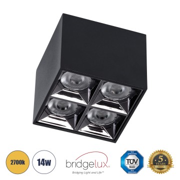 LUMINAR SUPERIOR  Επιφανειακό LED Spot Downlight TrimLess 14W 1890lm 36° AC 220-240V IP20 Μ8.2 x Π8.2 x Υ6.6cm - Μαύρο με Κάτοπτρο Χρωμίου - Θερμό Λευκό 2700K - Bridgelux High Lumen Chip Gen2 - TÜV Certified Driver