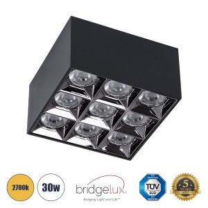 LUMINAR SUPERIOR  Επιφανειακό LED Spot Downlight TrimLess 30W 4050lm 36° AC 220-240V IP20 Μ12 x Π12 x Υ6.6cm - Μαύρο με Κάτοπτρο Χρωμίου - Θερμό Λευκό 2700K - Bridgelux High Lumen Chip Gen2 - TÜV Certified Driver