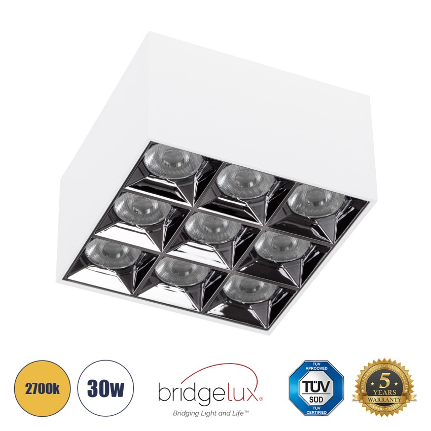 LUMINAR SUPERIOR  Επιφανειακό LED Spot Downlight TrimLess 30W 4050lm 36° AC 220-240V IP20 Μ12 x Π12 x Υ6.6cm - Λευκό με Κάτοπτρο Χρωμίου - Θερμό Λευκό 2700K - Bridgelux High Lumen Chip Gen2 - TÜV Certified Driver