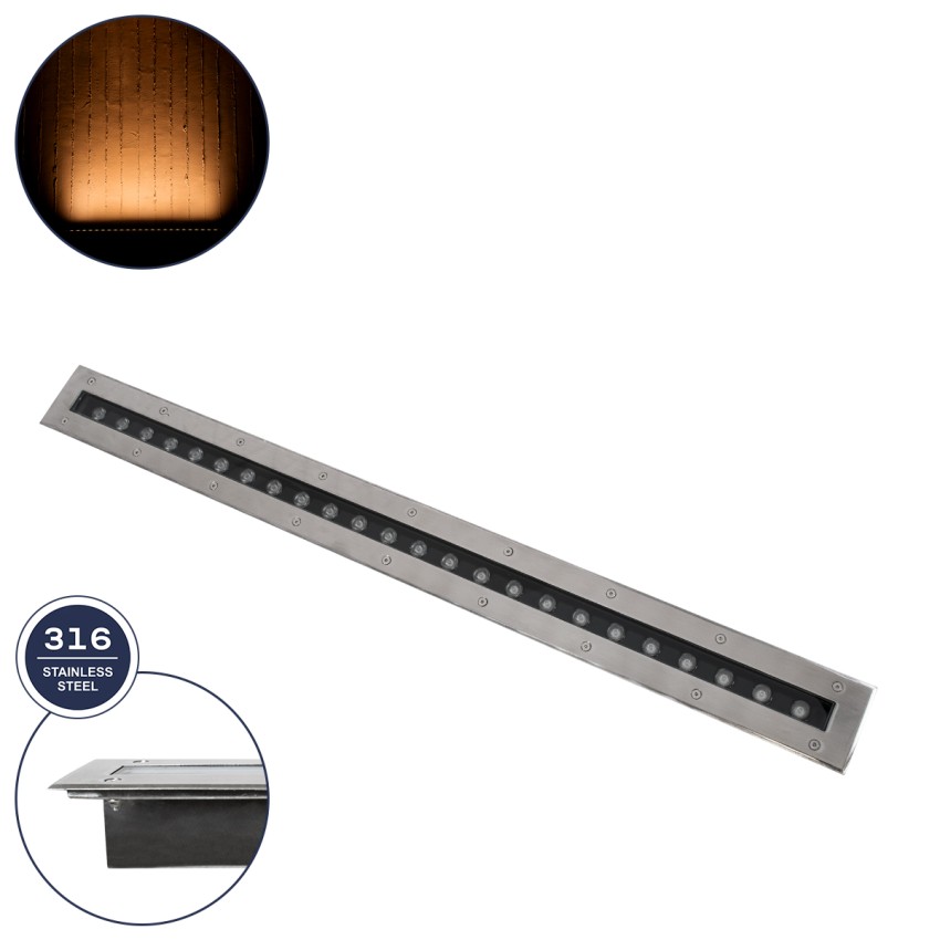 GLOBOSTAR® UNDERGROUND-REMVI  Χωνευτή Μπάρα Φωτισμού Wall Washer LED 18W 1530lm 10° DC 24V Αδιάβροχο IP68 Ultra Θερμό Λευκό 2200K Dimmable - Bridgelux SMD Chip - Ανοξείδωτο Ατσάλι 304 - Μ100 x Π9 x Υ7.2cm / Q98.2 x 7.6cm